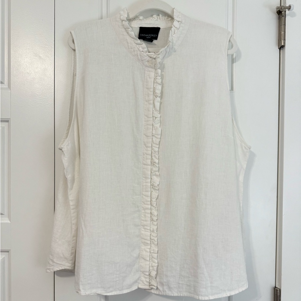 Cynthia Rowley Linen Blend Ruffle Neck Sleeveless Blouse Ivory 2X